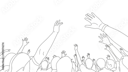 a large crowd raising hands up in celebration at a concert or worship event a minimalist line art illustration depicting unity and hope.