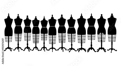 a line of black dress forms and tailor mannequins showcasing various female silhouettes on white ideal for fashion design.