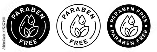 Paraben Free with leaf, drop, label, logo, badge, icon, circle, symbol, line, flat vector, isolated illustration. Organic cosmetics, Eco friendly, skincare, essential oil, sensitive skin icons set.