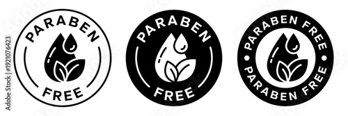 Paraben Free with leaf, drop, label, logo, badge, icon, circle, symbol, line, flat vector, isolated illustration. Organic cosmetics, Eco friendly, skincare, essential oil, sensitive skin icons set.