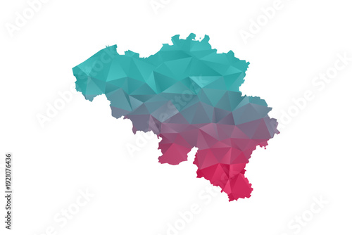 Belgium Map - Polygon Style Vector Illustration in Teal and Red Gradient, Low Poly Geometric Design, Isolated on White Background for Infographics and Education.