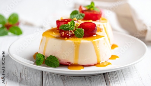 A beautifully plated dessert with delicate layers, vibrant fruits, and a drizzle of sauce, accented by fresh mint leaves and soft lighting.