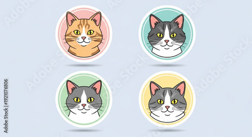 Cute cat faces in colorful circles for stickers or icons