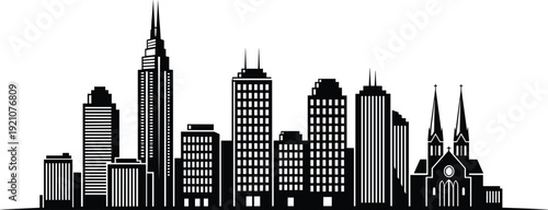 City skyline silhouette vector illustration, modern skyscraper buildings, urban cityscape skyline graphic, downtown architecture skyline black silhouette vector illustration