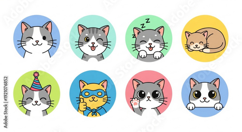 Cute cartoon cats with various expressions and accessories