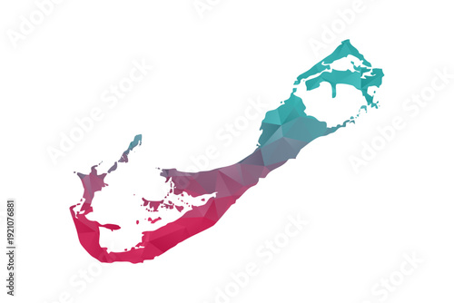 Bermuda Map - Polygon Style Vector Illustration in Teal and Red Gradient, Low Poly Geometric Design, Isolated on White Background for Infographics and Education.