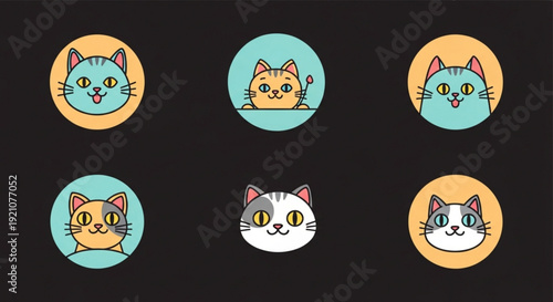 Cute cartoon cats with colorful faces and playful expressions