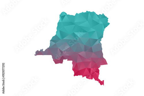 Democratic Republic of the Congo Map - Polygon Style Vector Illustration in Teal and Red Gradient, Low Poly Geometric Design, Isolated on White Background for Infographics and Education.