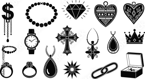 Luxury Jewelry and Fashion Accessories Silhouette Icon Set Featuring Rings, Necklaces, Watches, Crowns, Diamonds, and Decorative Pendants