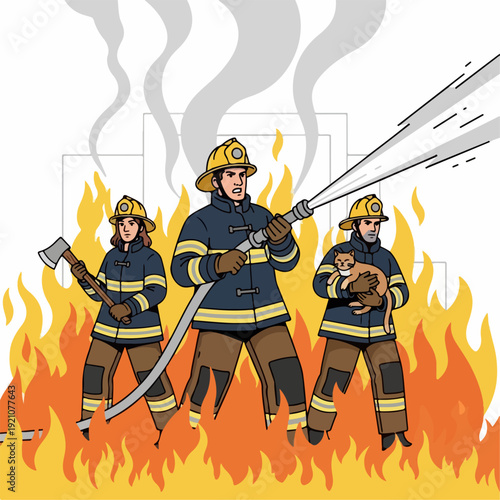 Vector illustration of a firefighter extinguishing a fire