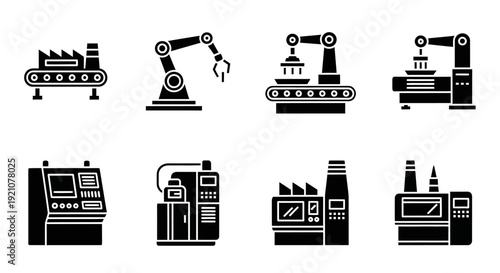 A set of black silhouettes depicting various industrial tools and machinery icons, including robotic arms, conveyor belts, control panels, and workshop equipment, arranged in a flat design