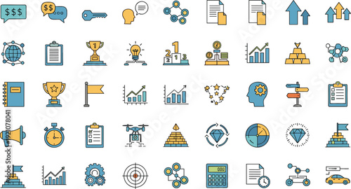 Business Growth and Achievement Icon Set Featuring Strategy, Analytics, Investment, Leadership, Target Goals, and Financial Success Symbols