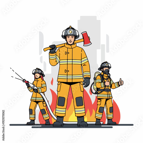 Vector illustration of a firefighter extinguishing a fire