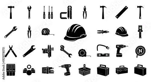 A set of black silhouette icons depicting various industrial tools and construction equipment on a white background with a flat design style.