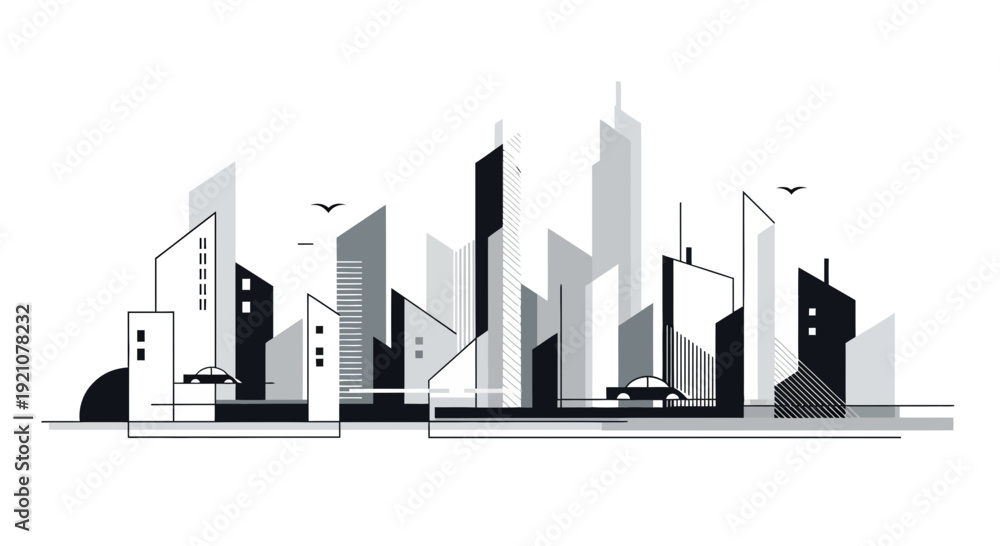 Obraz premium Abstract architectural rendering with geometric building shapes and white background