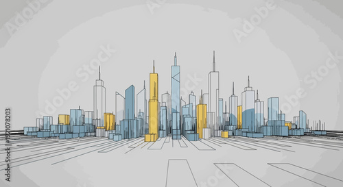 Abstract architectural cityscape illustration with linear perspective and vibrant colors