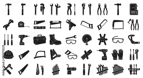 A set of black silhouettes of various work tools and equipment icons, including construction, hand, power, and industrial tools, in a flat design style on a white background.