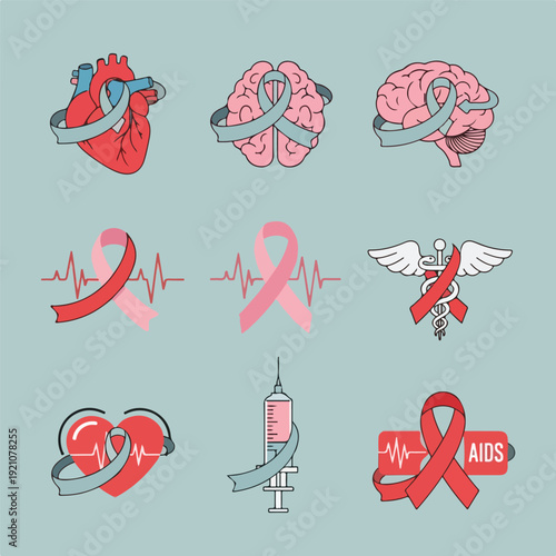 Awareness ribbons and medical symbols for health campaigns