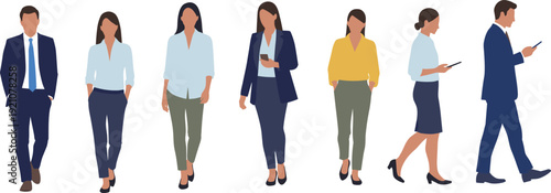 Business people, professional colleagues, workplace diversity, modern office, walking together, corporate teamwork, mobile phone use, business attire, collaboration concept, professional lifestyle