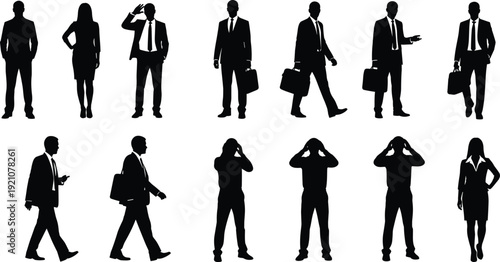 Business professional silhouettes, black vector design, formal attire, workplace behavior, stress, communication, mobile use, leadership, posture, gesture, diversity