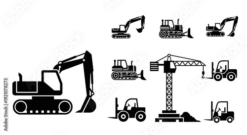 A set of black silhouette icons depicting various industrial construction tools and equipment, including excavators, cranes, and forklifts, on a white background in a flat design style.