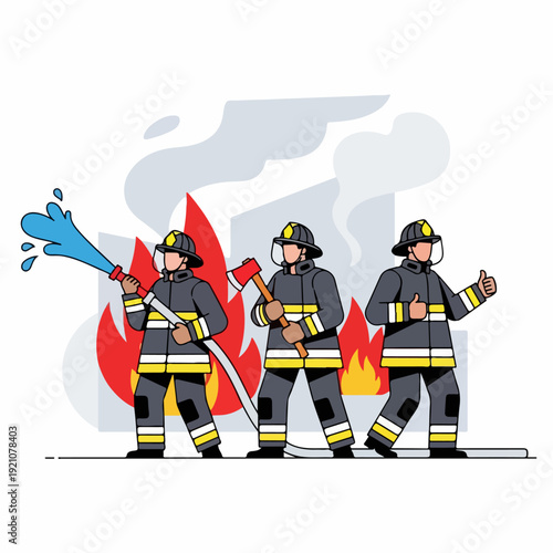 Vector illustration of a firefighter extinguishing a fire