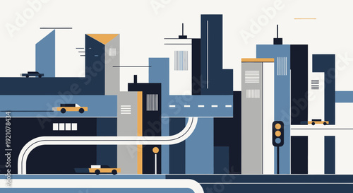 Abstract cityscape illustration featuring roads buildings and transportation elements