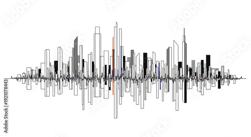 Abstract cityscape illustration of buildings and lines on white background