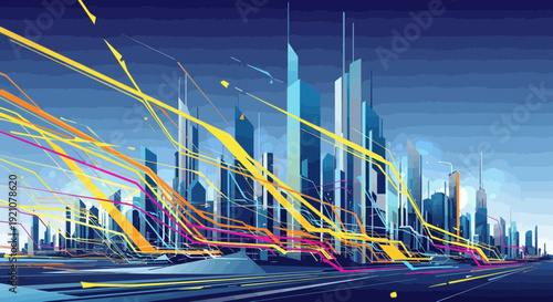 Abstract cityscape with illuminated skyscrapers and dynamic energy lines