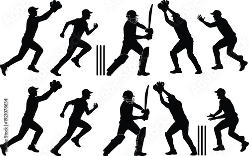 Cricket player silhouettes action set, batsman bowler wicketkeeper fielder vector illustration, sports activity isolated collection for design projects