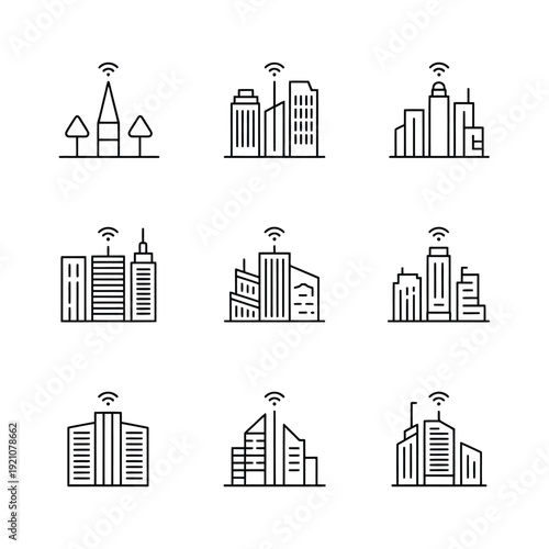 Nine City Skyline with Wi Fi Signal Symbols buildings WiFi