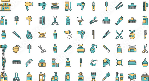 Hair Salon and Beauty Tools Icon Set Featuring Hairdryer, Scissors, Combs, Spray Bottles, Clippers, and Professional Styling Equipment for Barbershop Design