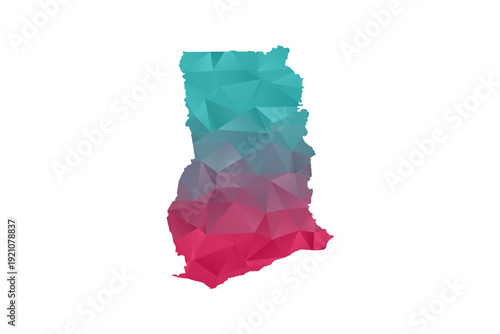 Ghana Map - Polygon Style Vector Illustration in Teal and Red Gradient, Low Poly Geometric Design, Isolated on White Background for Infographics and Education.