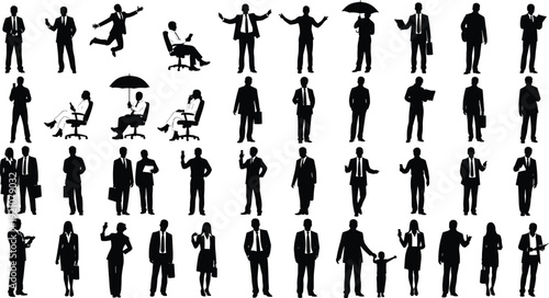 Business silhouette collection, professional poses, formal attire, office activities, teamwork, interaction, black vector design, corporate behavior, workplace illustration