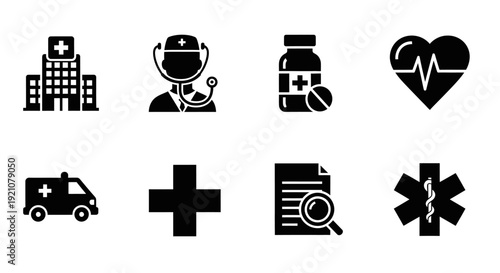 Medical and Healthcare Icon Set with Doctor, Nurse, First Aid Cross, Prescription, and Hospital Symbols Collection