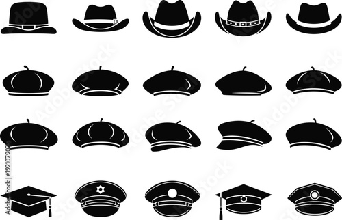 Hat Silhouette Collection with Cowboy Beret Police and Graduation Caps Isolated on White Background Vector Illustration Set
