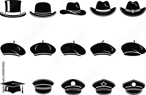 Hat Silhouette Collection Top Hat Cowboy Beret Police and Graduation Caps Isolated on White Background Vector Illustration Set