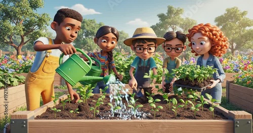 Wallpaper Mural Children and adults joyfully gardening together, watering plants in a vibrant community garden Torontodigital.ca