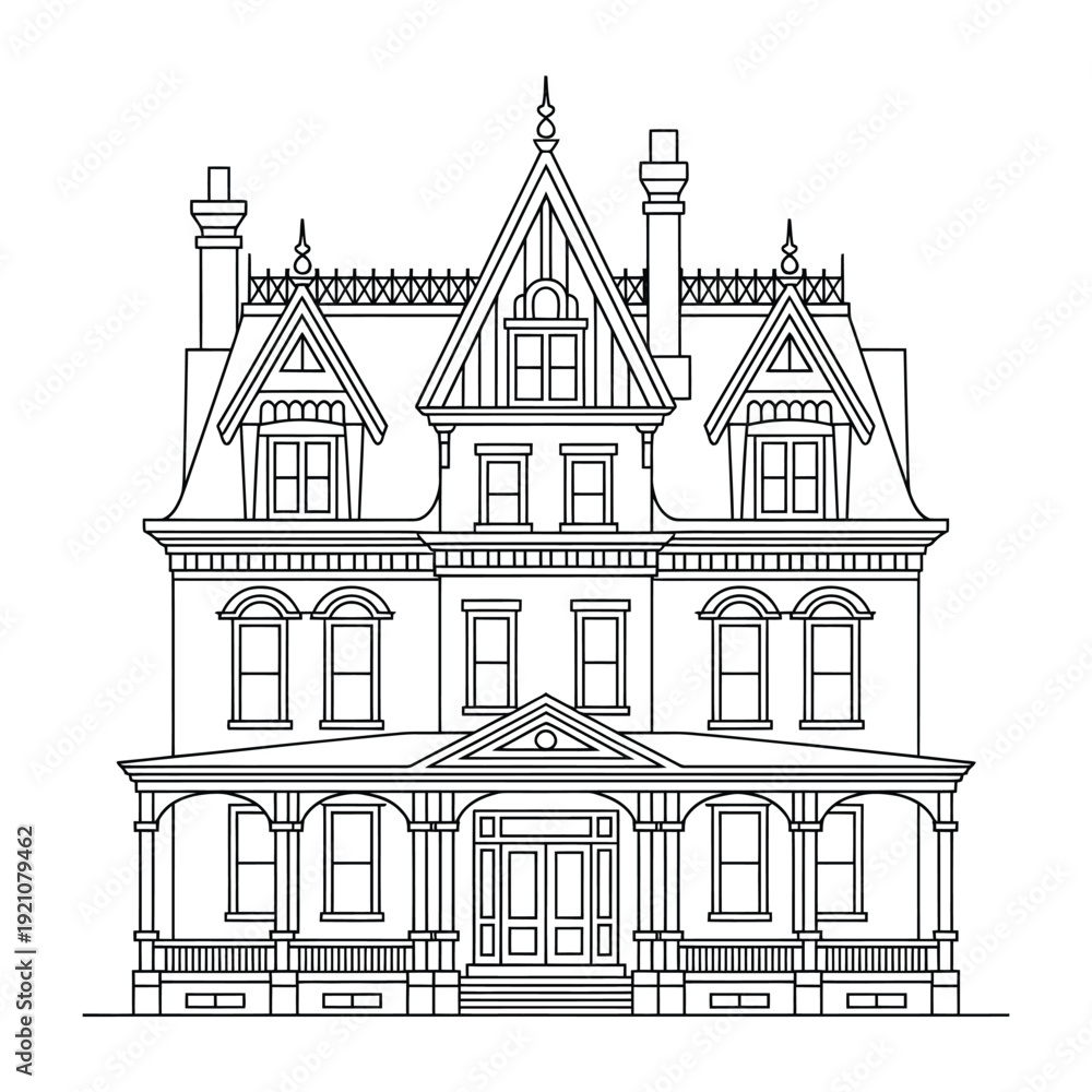 Obraz premium Victorian style house with three gabled roofs and decorative trim Victorian house windows doors desi