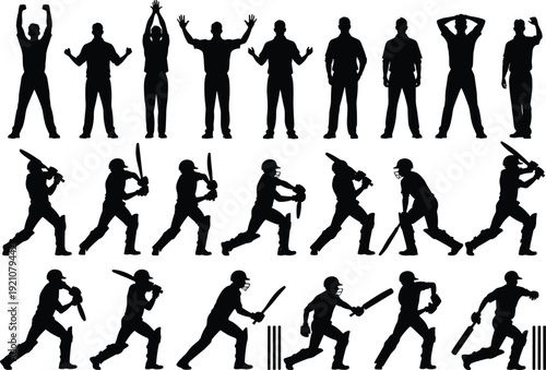 Cricket player silhouettes collection, batsman action poses vector, sports athlete illustration, isolated cricket batting fielding silhouette bundle set