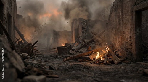 A devastating scene of destruction and war, with remnants of buildings burning and smoldering, creating a somber and chaotic atmosphere, evoking feelings of loss and the aftermath of conflict