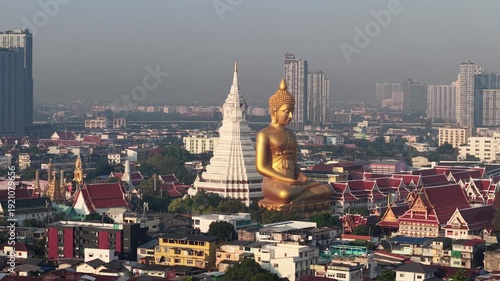 Big golden buddha statue riverside temple pagoda local village city background Bangkok Thailand