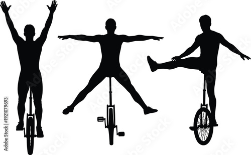 Unicycle Rider Silhouette Set Performing Balance Tricks Isolated on White Background Extreme Sport Vector Illustration Collection Design