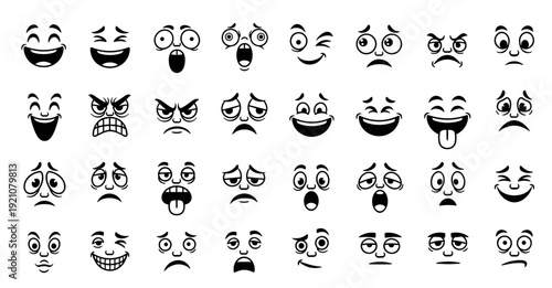 Retro Cartoon Face Expressions Set, Vintage 1930s Rubber Hose Animation Style Eyes and Mouths, Vector Mascot Character Elements