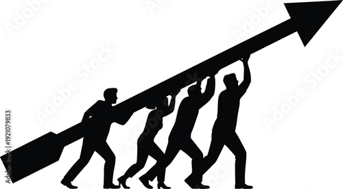 Black silhouette illustration of four people collaboratively lifting and pushing upward arrow, symbolizing teamwork, growth, progress, success, and collective effort for business