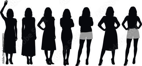 Women Silhouette Collection in Different Poses Standing Fashion Female Figures Isolated on White Background Vector Illustration Set