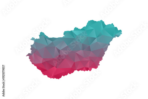 Hungary Map - Polygon Style Vector Illustration in Teal and Red Gradient, Low Poly Geometric Design, Isolated on White Background for Infographics and Education.