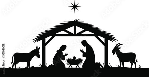 Nativity scene silhouette vector illustration featuring Mary, Joseph, baby Jesus, stable, star, donkey, and goat symbolizing Christmas, faith, and religious artwork design