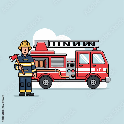 Vector illustration of a firefighter and his fire truck