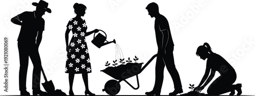 Black vector silhouette set of diverse people gardening including watering plants digging and using a wheelbarrow for hobby landscaping agriculture and nature branding